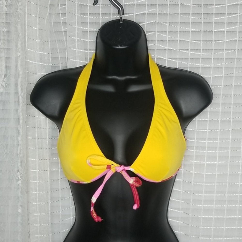 2/$25 or 3/$30  Rusty Front Tie Yellow Halter Bikini Top SzM